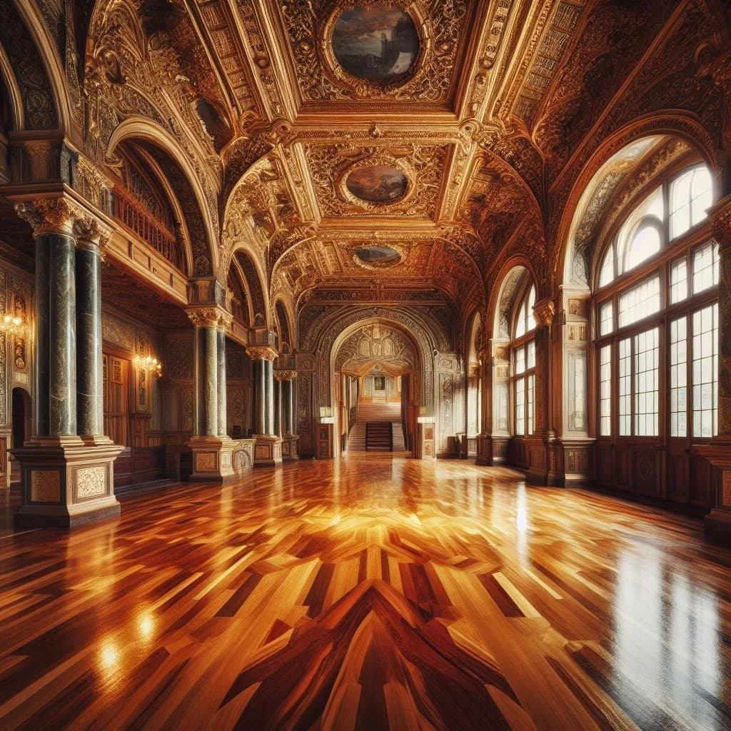 Restored heritage room with gleaming wood floor and ornate gilded architecture