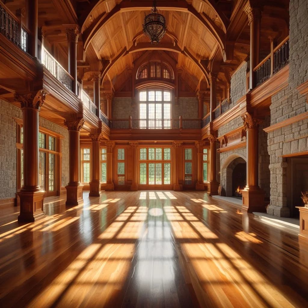 Heritage hall with sunlight streaming through tall windows onto a polished wood floor