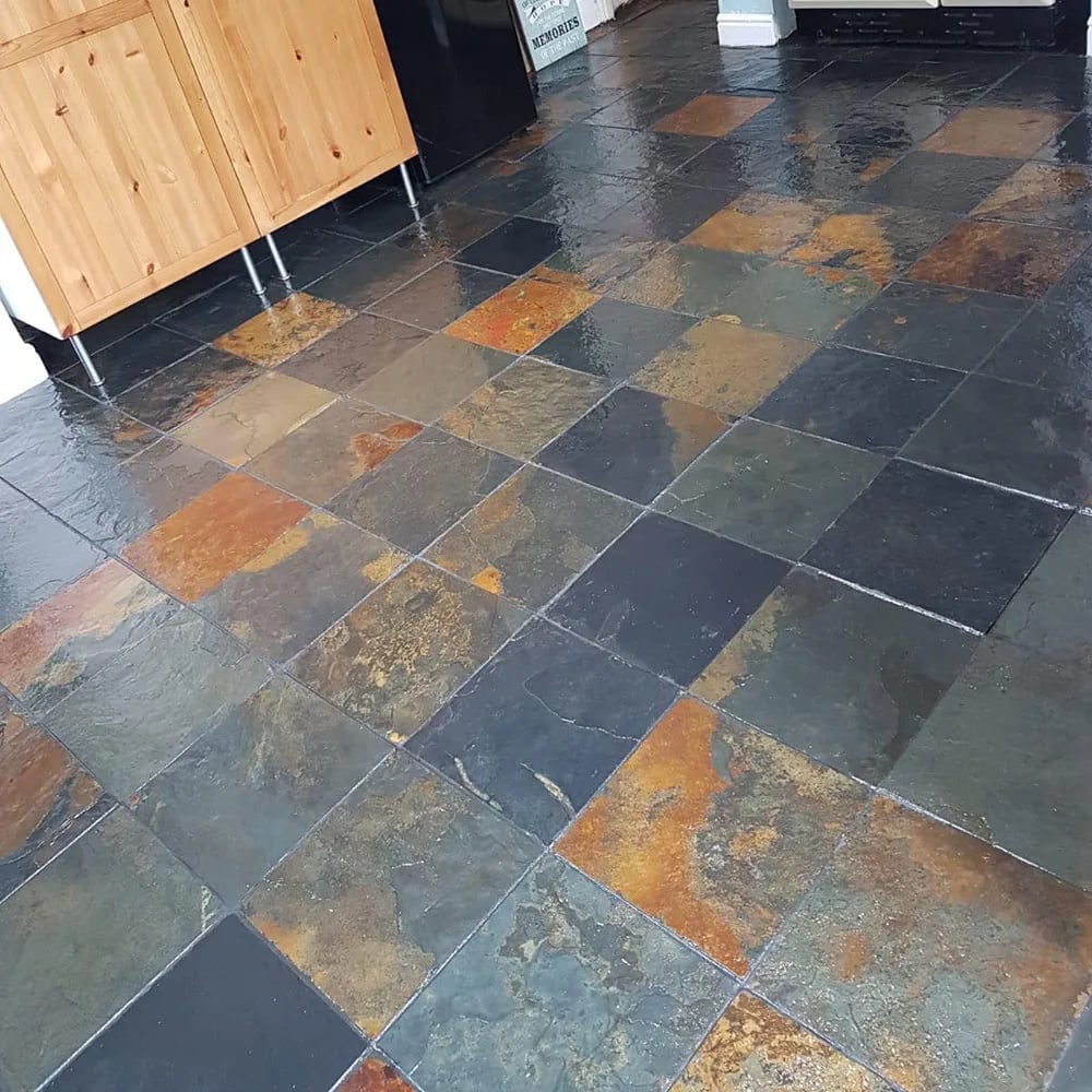 Cleaned slate stone floor in a Sheffield kitchen showing rich natural colour variation
