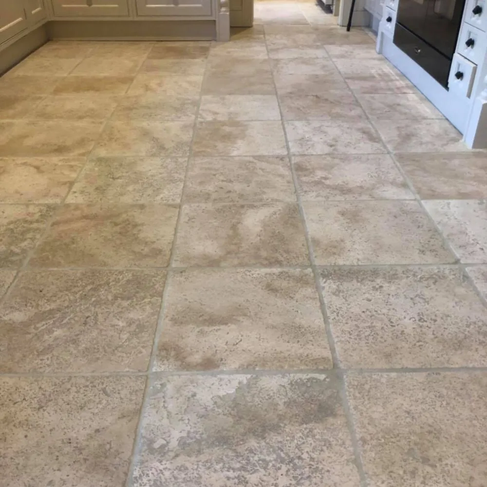 Cleaned travertine-style tile floor in a Sheffield kitchen