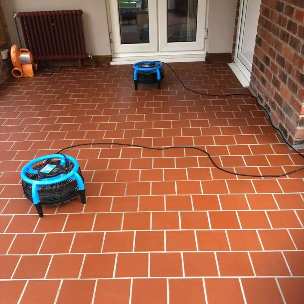 Cleaned terracotta tile floor in a domestic entryway